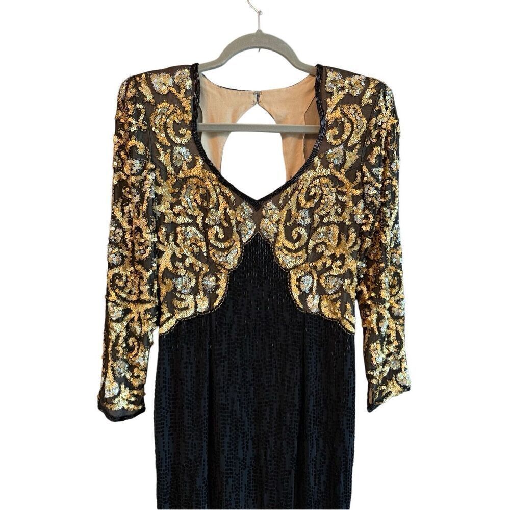 Vtg Lillie Rubin Womens Gold Black Sequined Beaded Cutout Silk Evening Gown Sz 4